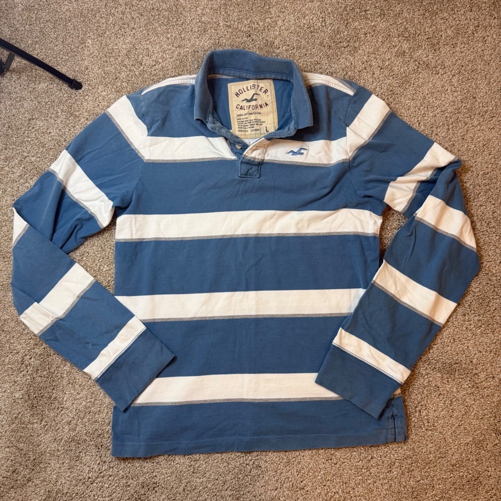 Hollister Rugby Shirt Womens Large Blue White Y2K Striped Long Sleeve Polo